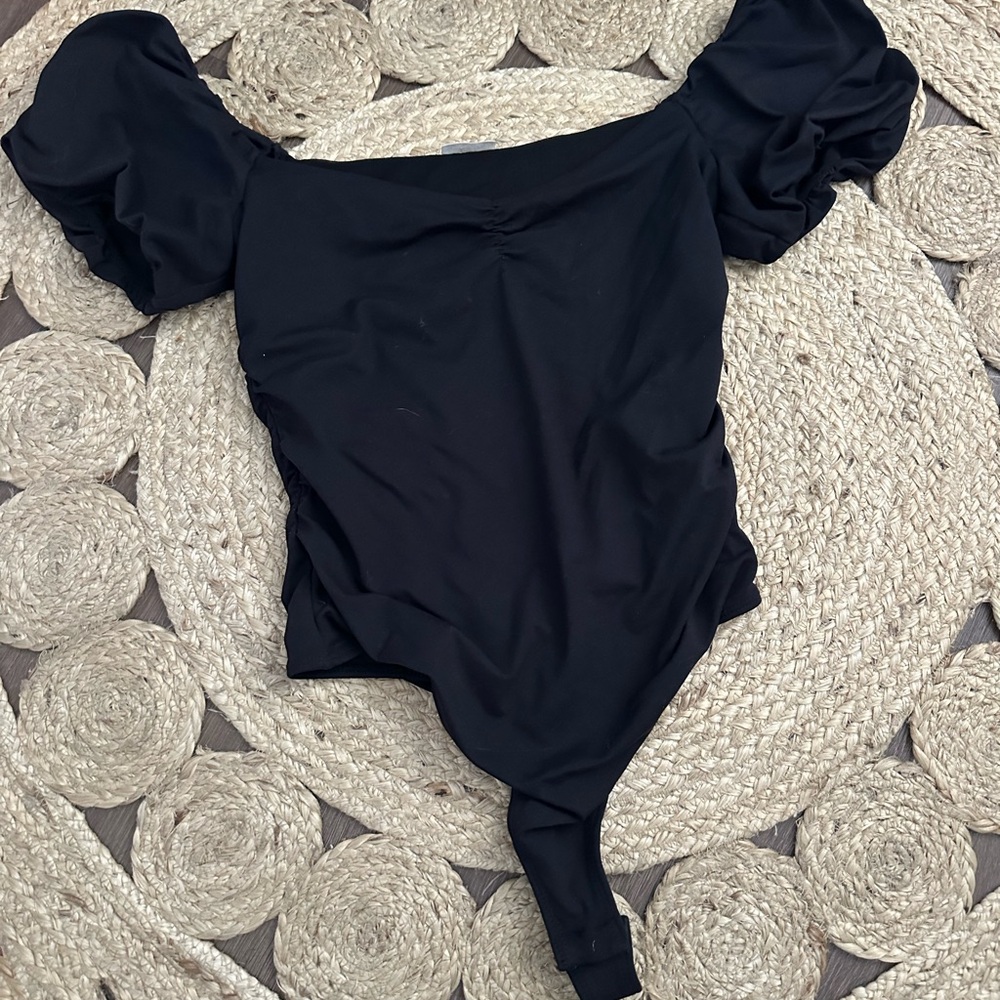 Free People Black Puff Sleeve Bodysuit